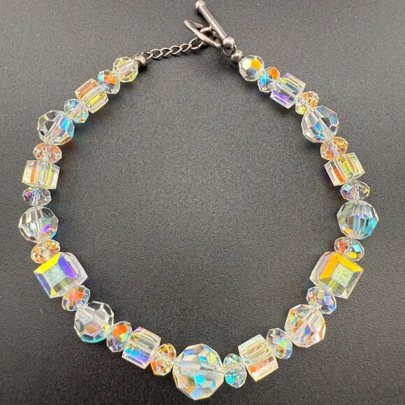 Aurora Borealis Crystal Glass Bead Bracelet With Sterling Silver Toggle Clasp Vi - Picture 1 of 8